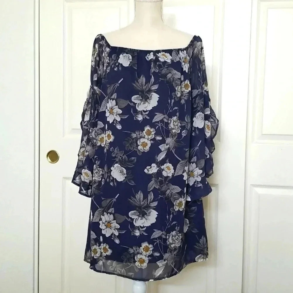Altar'd State Navy Floral Long Sleeve Dress | Boho Women's Mini Dress - Picture 1 of 6